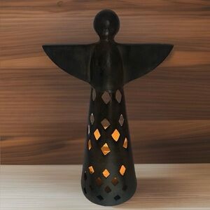 Vintage Vibes 14” Metal Angel, Pillar Candle Holder Decor, LED Candle Included